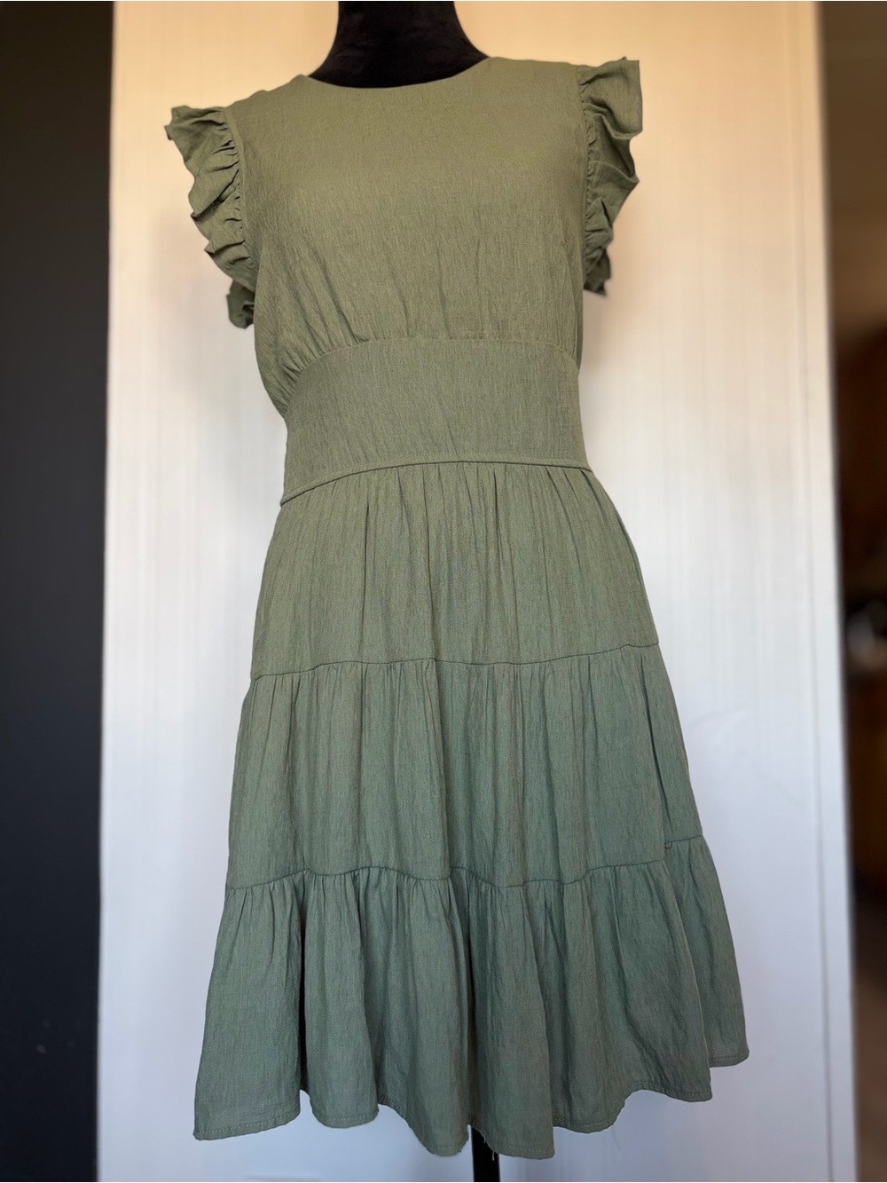 miami Olive Ruffle Sleeve Tiered Midi Dress